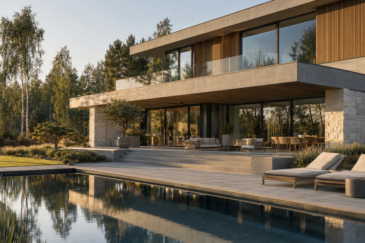 Современный загородный дом с плоскими перекрытиями, деревянной отделкой, панорамным остеклением и бассейном