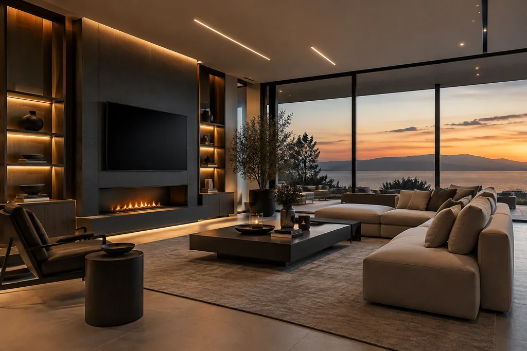 Гостиная загородного дома с интегрированным светом и климатом NEXA HOME