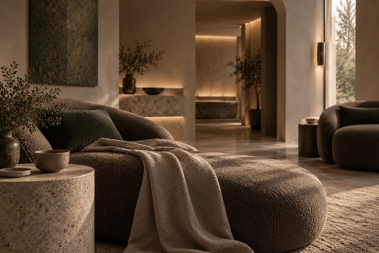 Спокойная зона отдыха SEREIN SPA после процедуры с мягким пледом и керамической чашкой