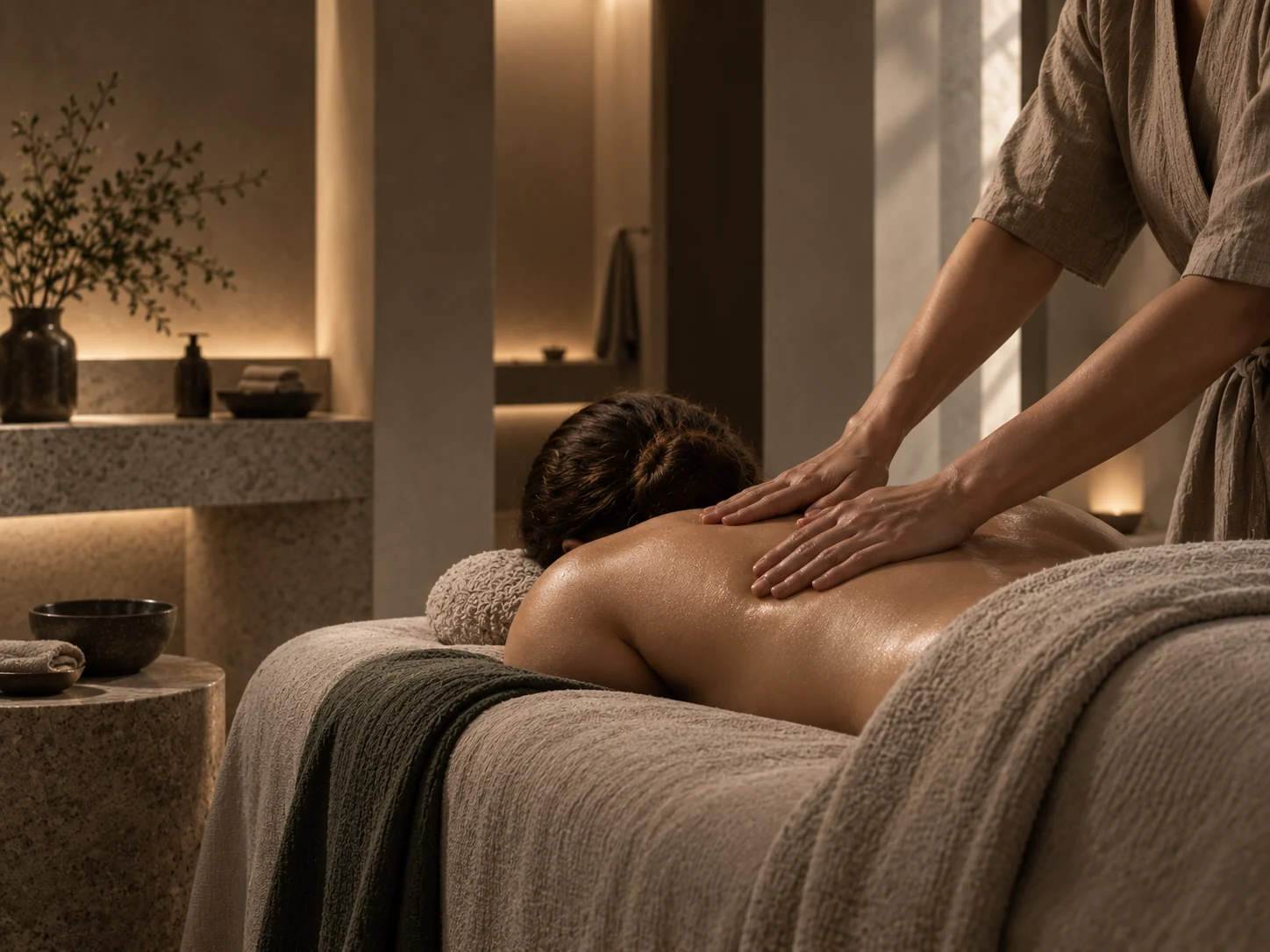 Глубокий массаж спины и плеч в SEREIN SPA с мягким светом и нейтральным текстилем