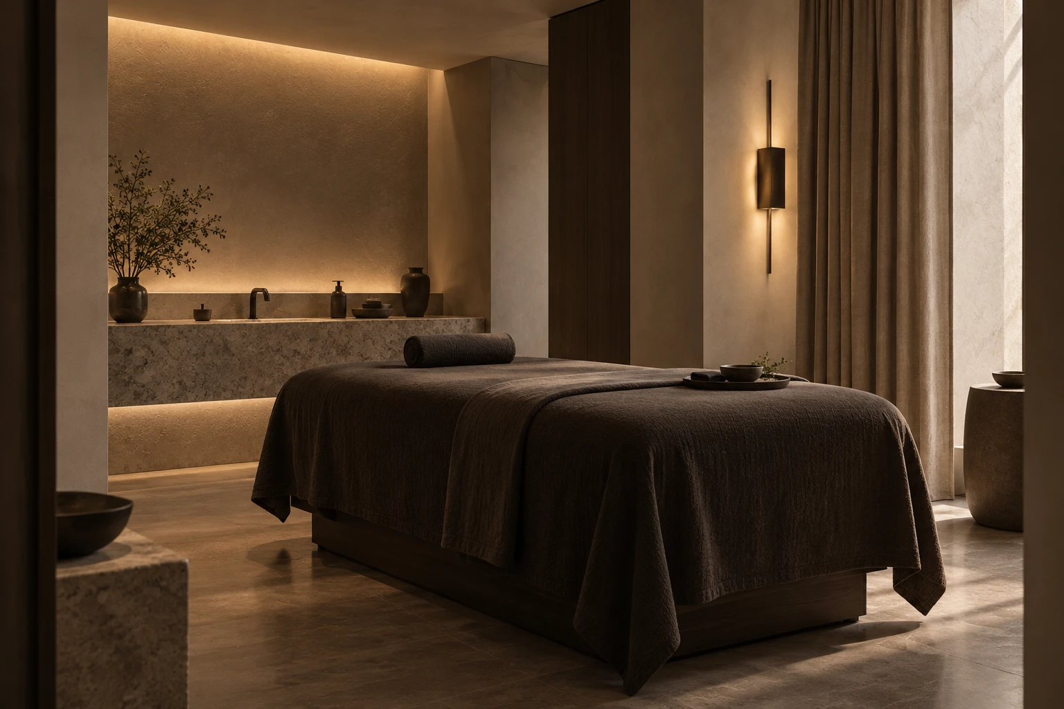 Спокойный массажный кабинет SEREIN SPA с мягким светом и нейтральными фактурами
