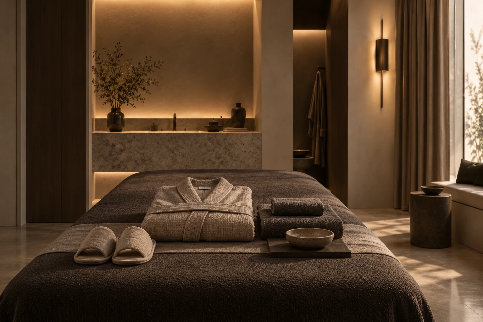Подготовленное место перед процедурой в SEREIN SPA с халатом, полотенцами и тапочками