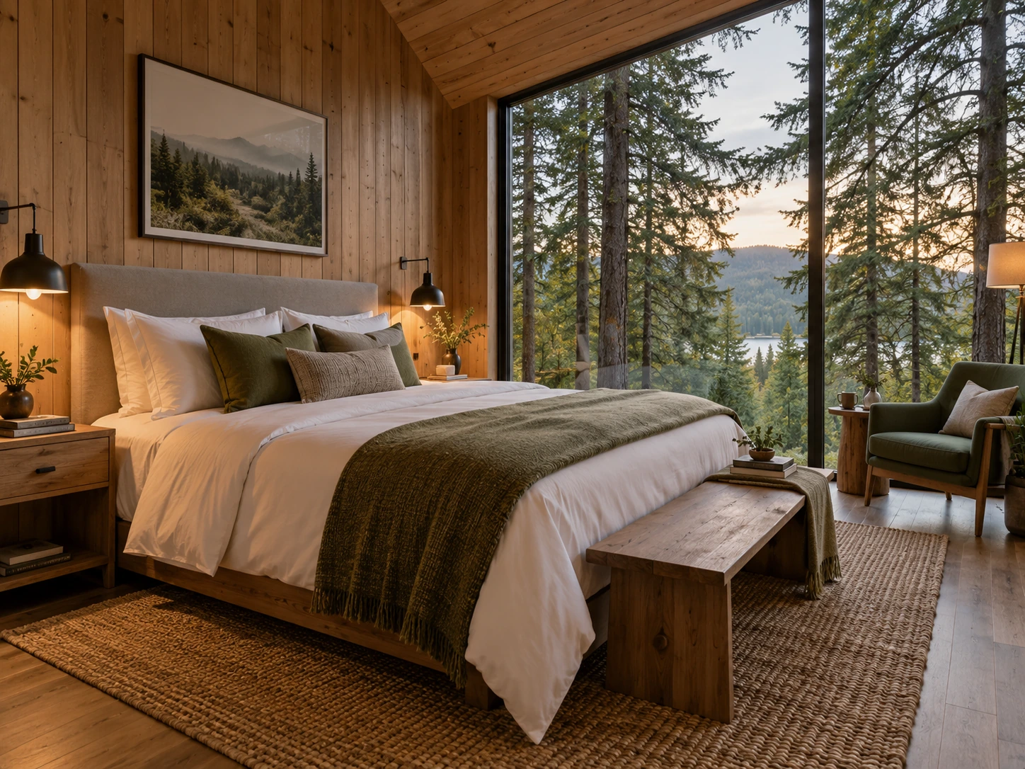 Спальня дизайнерского домика TERRA CABINS с большим окном в лес