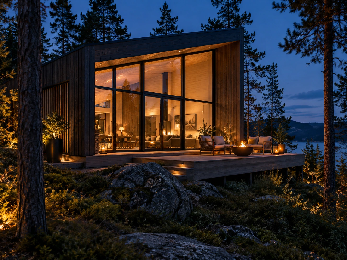 Вечерний домик TERRA CABINS с тёплым светом для романтического отдыха