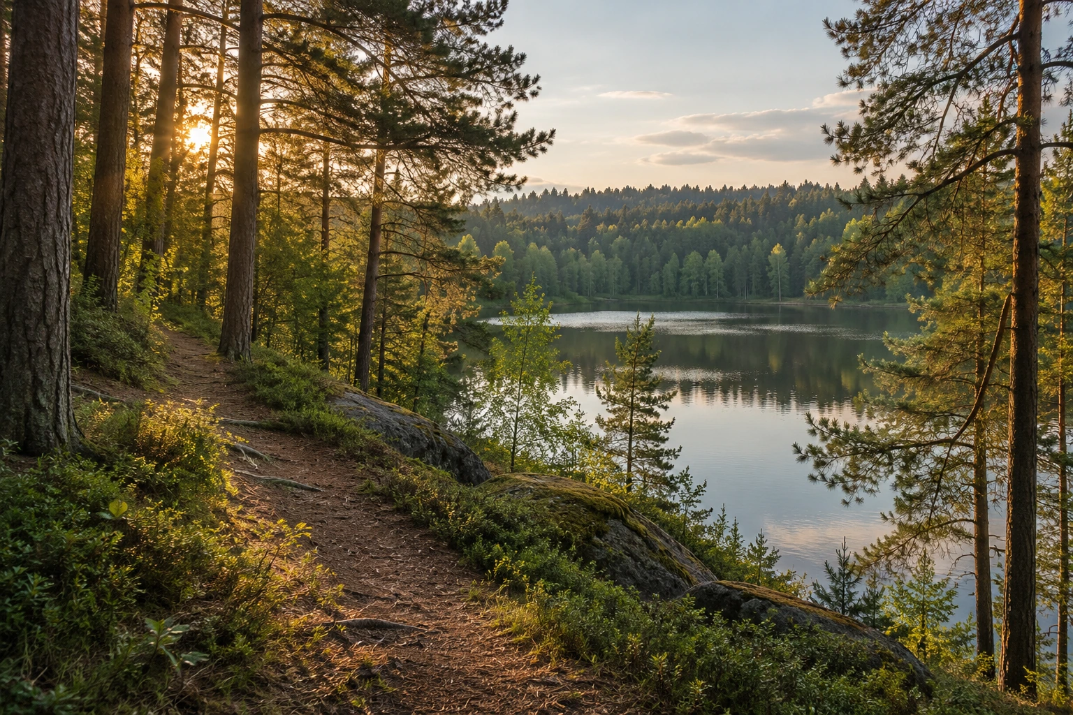 Сосновый лес и тихое озеро рядом с TERRA CABINS в Подмосковье