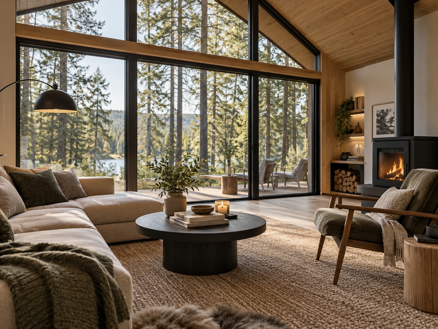 Современная гостиная домика TERRA CABINS с панорамным окном