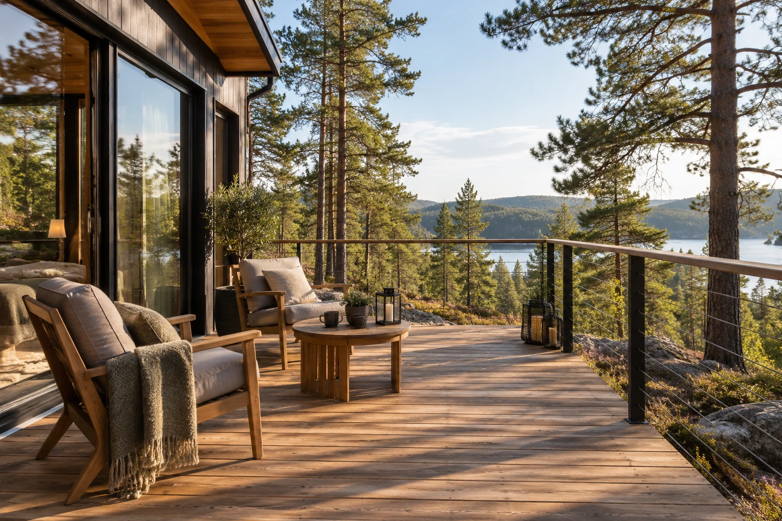 Деревянная терраса загородного домика TERRA CABINS в лесу